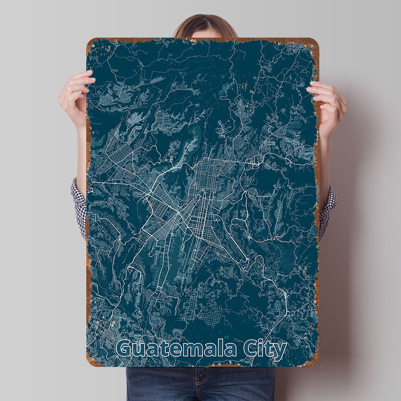 Custom Map Poster - โปสเตอร์แผนที่เมืองกัวเตมาลา ทำจากแผ่นดีบุก ตกแต่งผนังสไตล์เรโทร วินเทจ ป้ายโลหะสำหรับแฟนๆ ตกแต่งโรงรถ