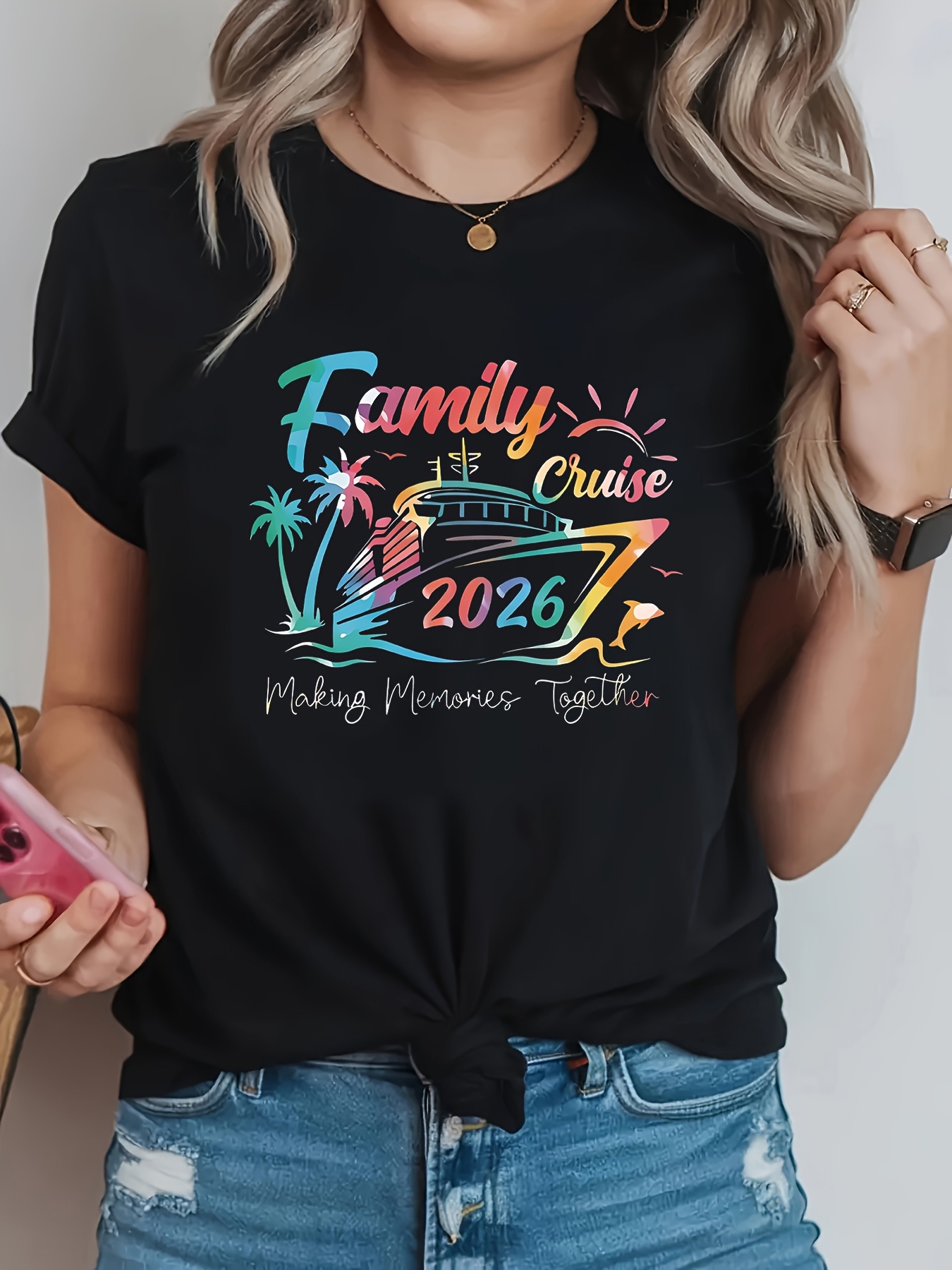 Family Tree Print - เสื้อยืดคอกลมลำลองสำหรับผู้หญิงไซส์ใหญ่ ลายต้นปาล์ม สำหรับฤดูใบไม้ผลิและฤดูร้อน ทริปครอบครัว 2026 สร้างความทรงจำร่วมกัน