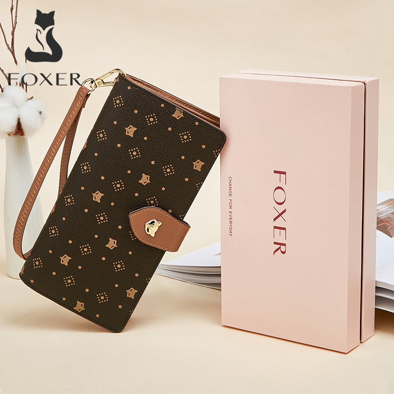 Monogram Keychain Leather - FOXER กระเป๋าสตางค์ใบยาวสำหรับผู้หญิง ใส่บัตรและพาสปอร์ต กระเป๋าคลัทช์สุดเก๋ ลายโมโนแกรม PVC