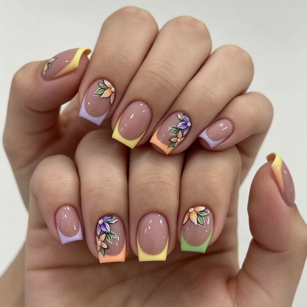Pressed Flower Art - เล็บปลอมแบบเต็มแผ่น 24 ชิ้น สีชมพู ลายดอกไม้ สไตล์ฝรั่งเศส