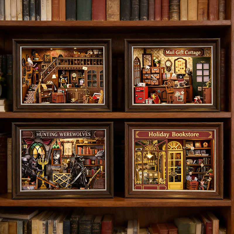 Engraved Wood Frame - ชุดคิท DIY 3D บ้านตุ๊กตาไม้ขนาดเล็กพร้อมไฟ LED ชั้นวางหนังสือพร้อมกรอบรูปตกแต่งบ้าน