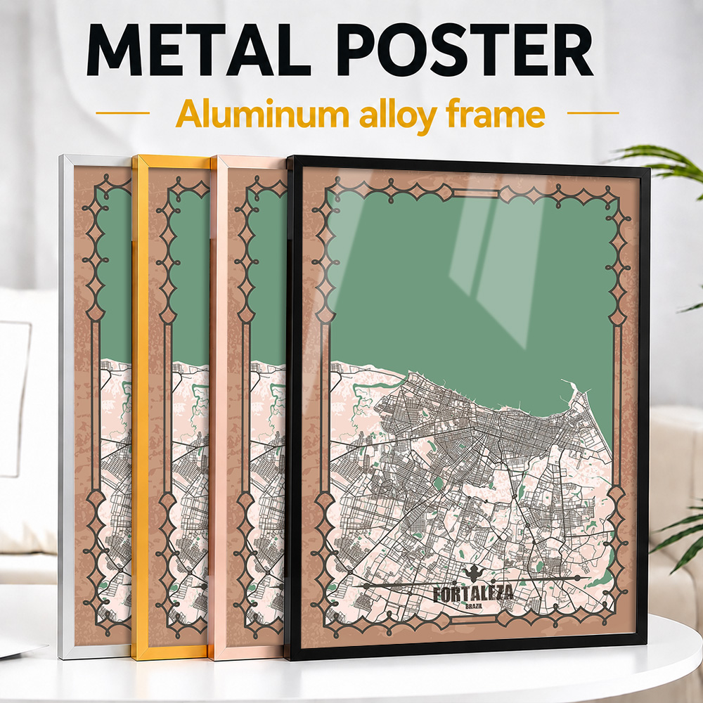 Custom Map Poster - แผนที่เมืองฟอร์ตาเลซา ภาพพิมพ์โลหะใส่กรอบ ภาพถ่ายปรับแต่งได้ สไตล์โมโนโครม ศิลปะตกแต่งผนังสำหรับบ้านและสำนักงาน ของขวัญพรีเมียมสำหรับนักสะสม
