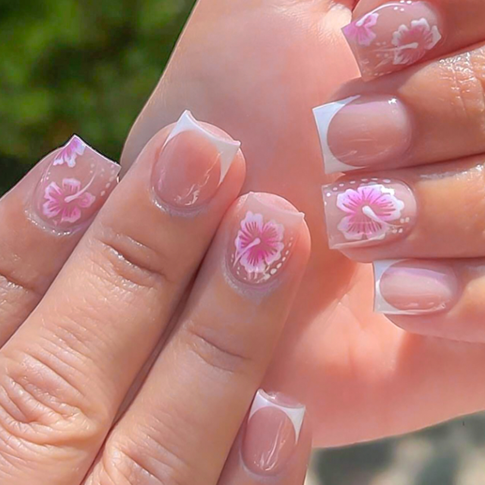 Pressed Flower Art - 24 ชิ้นดอกไม้ฝรั่งเศสเล็บปลอมสีชมพู Hibiscus Design ฝาครอบกดบนเล็บสวมใส่ประดิษฐ์ปลอมปลายนิ้วสําหรับผู้หญิง &