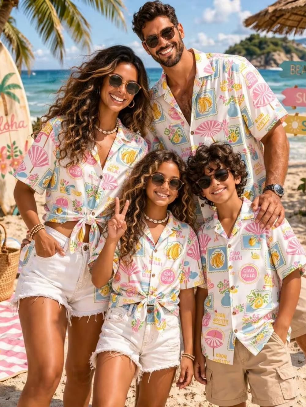 Family Tree Print - เสื้อเชิ้ตฮาวายสำหรับผู้ชายใส่ในช่วงฤดูร้อน สไตล์ทรอปิคอลลายปราสาททรายและต้นปาล์ม เหมาะสำหรับเป็นของขวัญวันหยุด เสื้อยืดสำหรับเด็ก