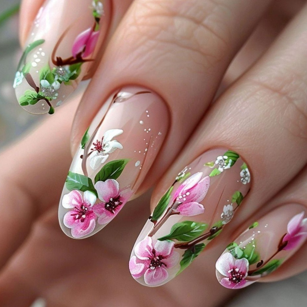 สั้นอัลมอนด์กดบนเล็บ 3D ดอกไม้ - Pressed Flower Art บทวิจารณ์และราคา